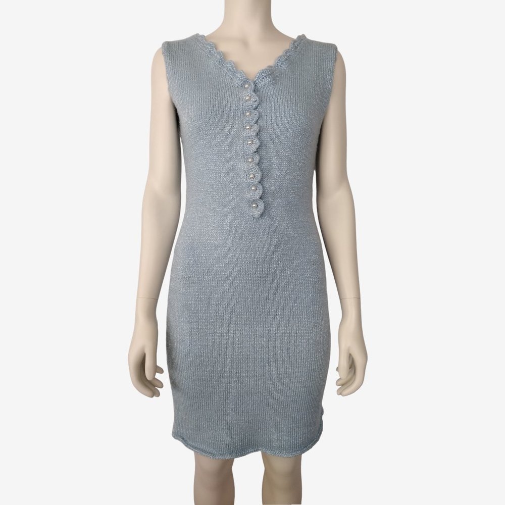 Vintage 1950s/1960s Light Blue Sleeveless V Neck Knit Sheath Dress